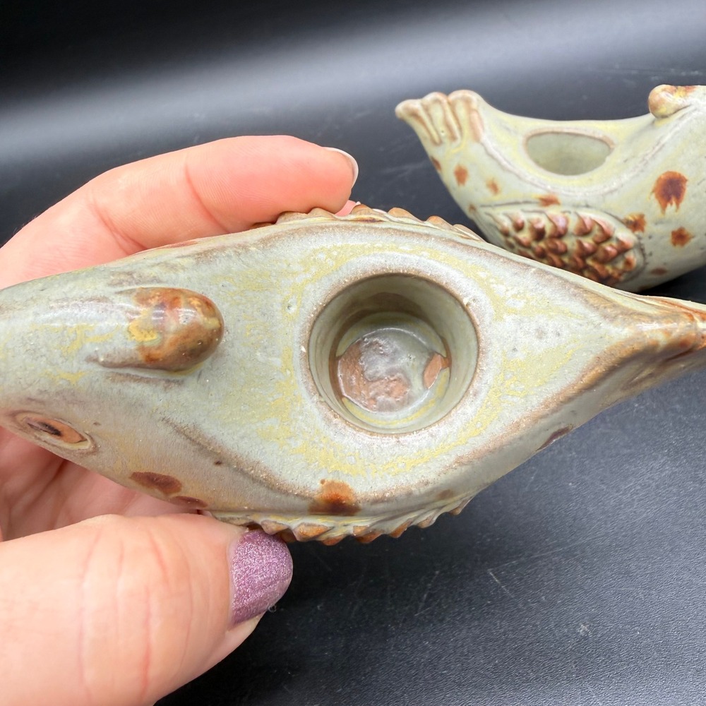Vintage Ceramic Bird Candle Holders Pair Speckled Green Brown Glaze - Picture 7 of 8
